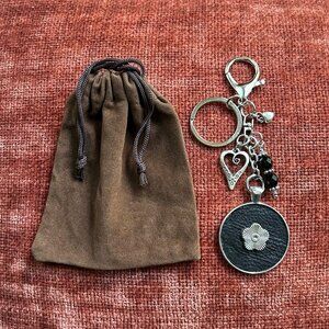 BLACK LEATHER BAG CHARM Silver Flower Charm
